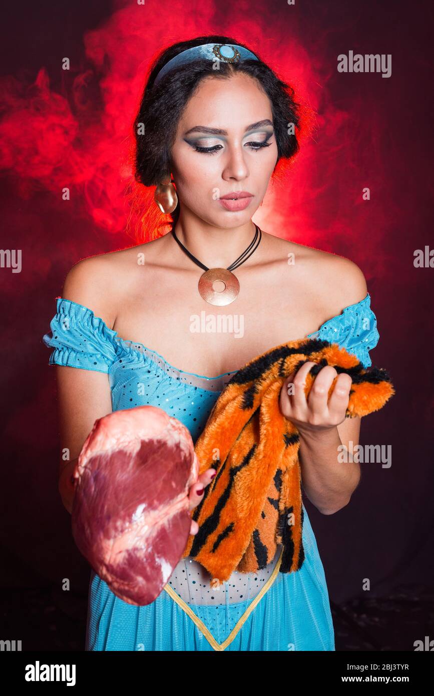 Woman calls stop wearing fur. Vegetarian campaign against the fur and meat industry. Eco