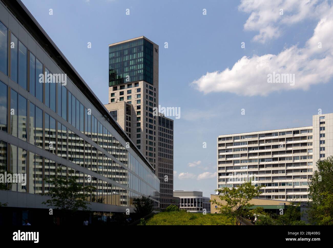 Berlin, Germany - June 4, 2019: The skyscraper Zoofenster rising high above the city on a warm summer day. The building houses a luxury hotel. Stock Photo