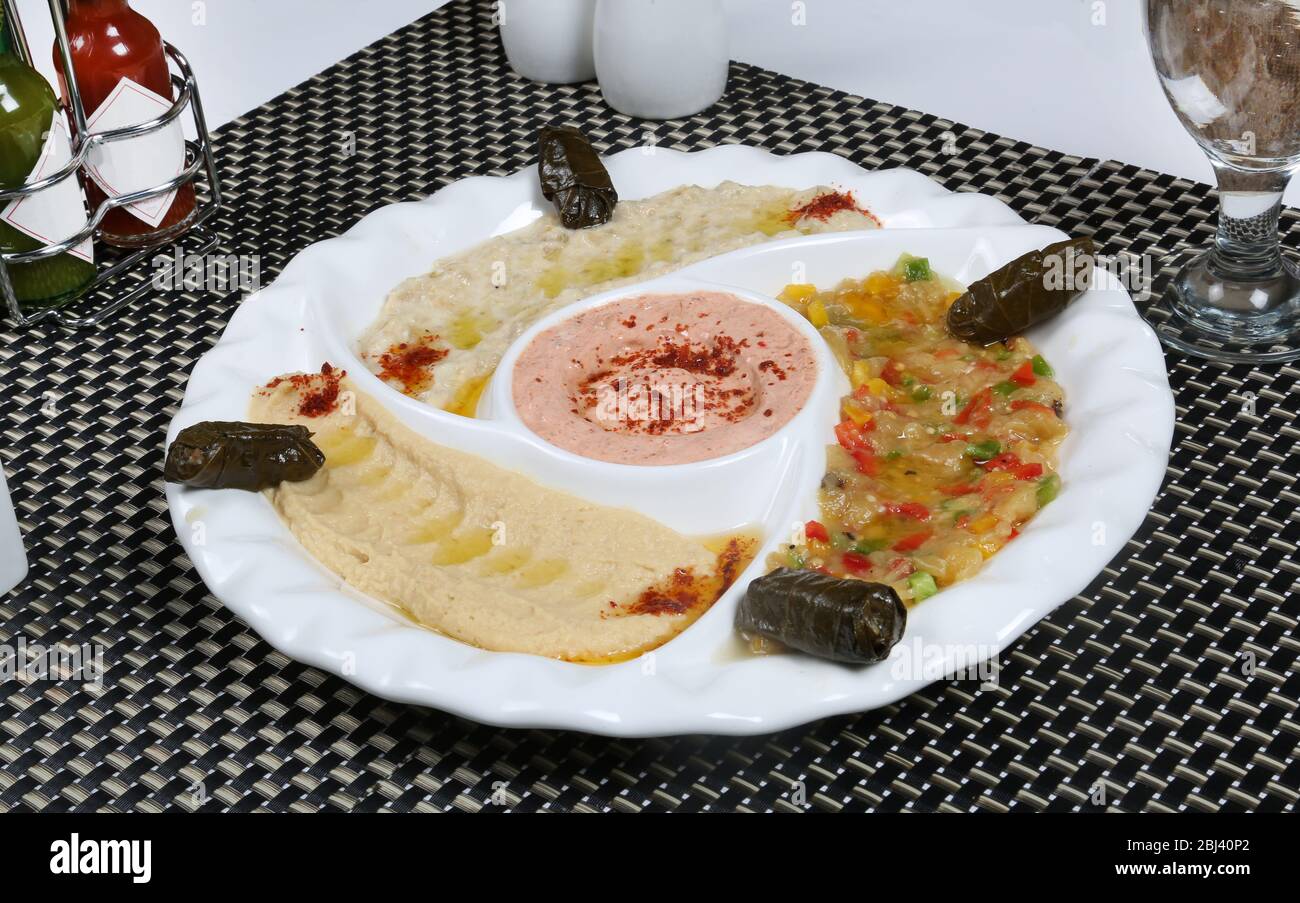Arab Mix Appetizer Mutabal, Hummus, Babaganoush, Stock Photo