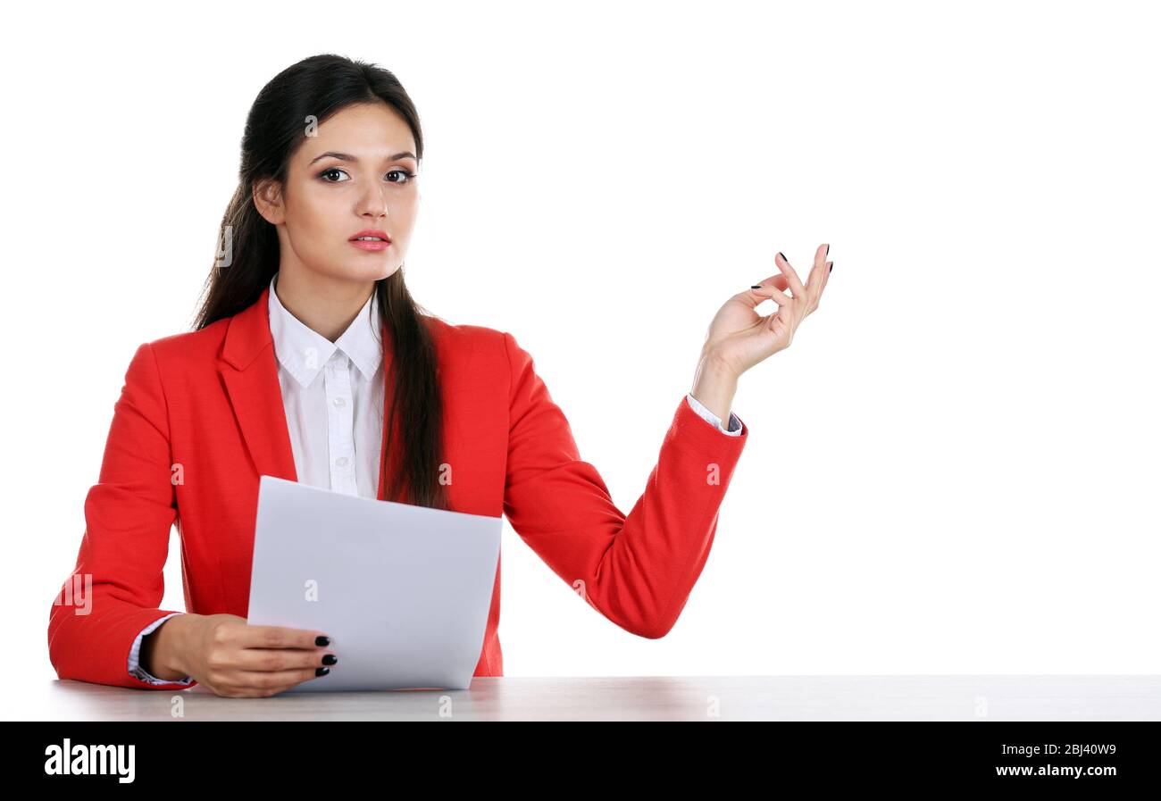 Picture of TV anchor preparing for telling news isolated on white Stock