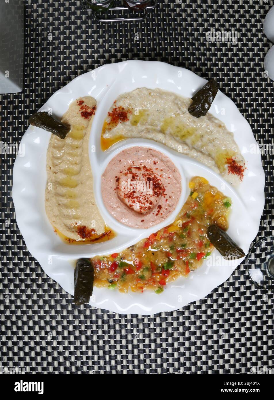 Arab Mix Appetizer Mutabal, Hummus, Babaganoush, Stock Photo