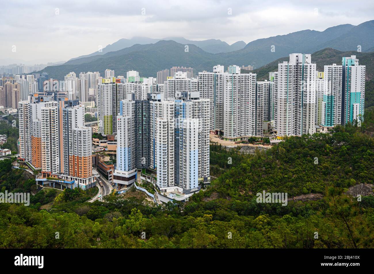 Shui Chuen O Estate, Hong Kong on Mar 7, 2020. It is the largest public housing estate in Shatin and is sitting on a hillside. Stock Photo
