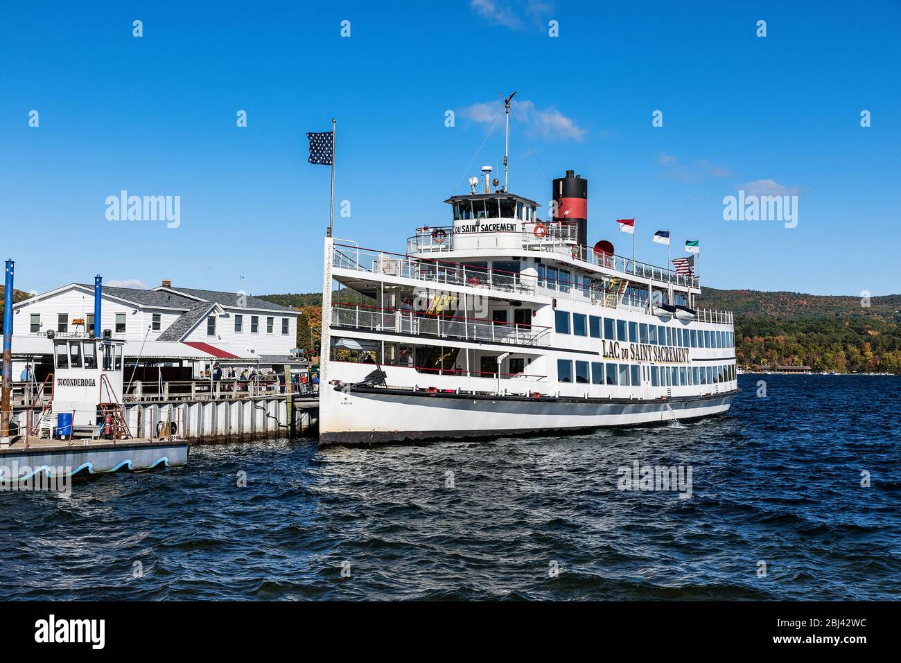 Lac du Saint Sacrement sightseeing cruise ship on Lake Stock