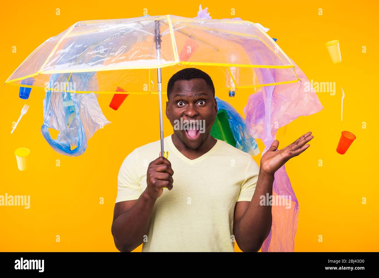 Plastic recycling problem, ecology and environmental disaster concept Scared man screaming on