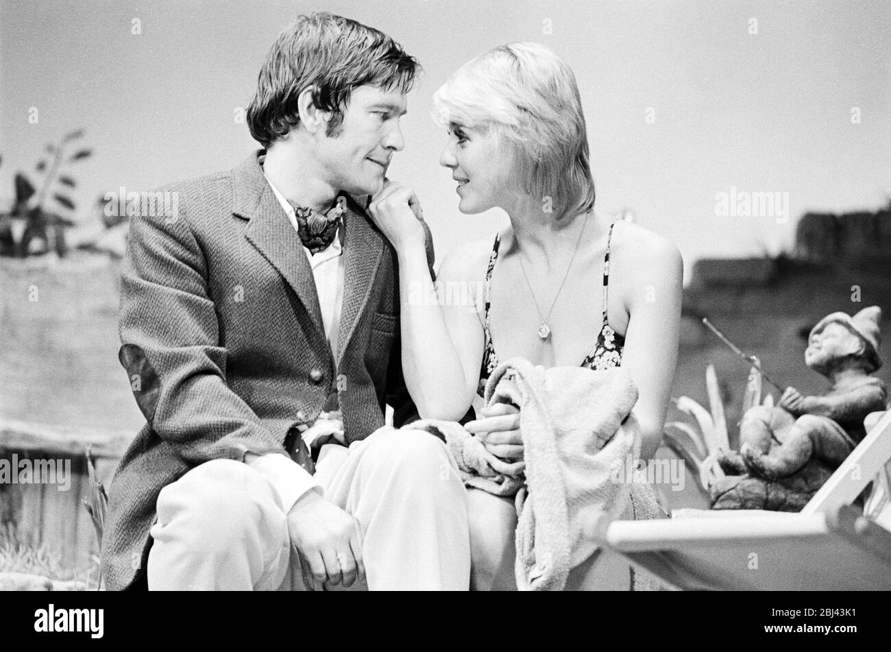 Tom Courtenay (Leonard), Cheryl Kennedy (Joan) in TIME AND TIME AGAIN by Alan Ayckbourn at the  Comedy Theatre, London in 1972   design: Alan Tagg lighting: Mick Hughes director: Eric Thompson Stock Photo