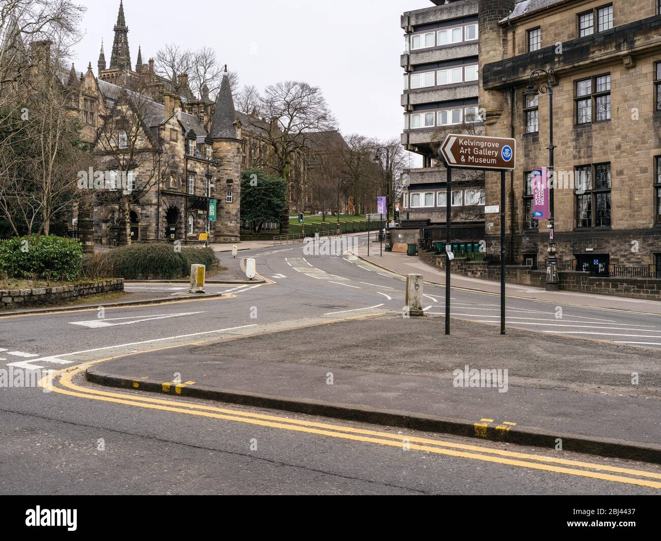 A deserted Kelvin Way and University Avenue in the West End of Glasgow as a result of the lockdown during the UK coronavirus pandemic. Stock Photo