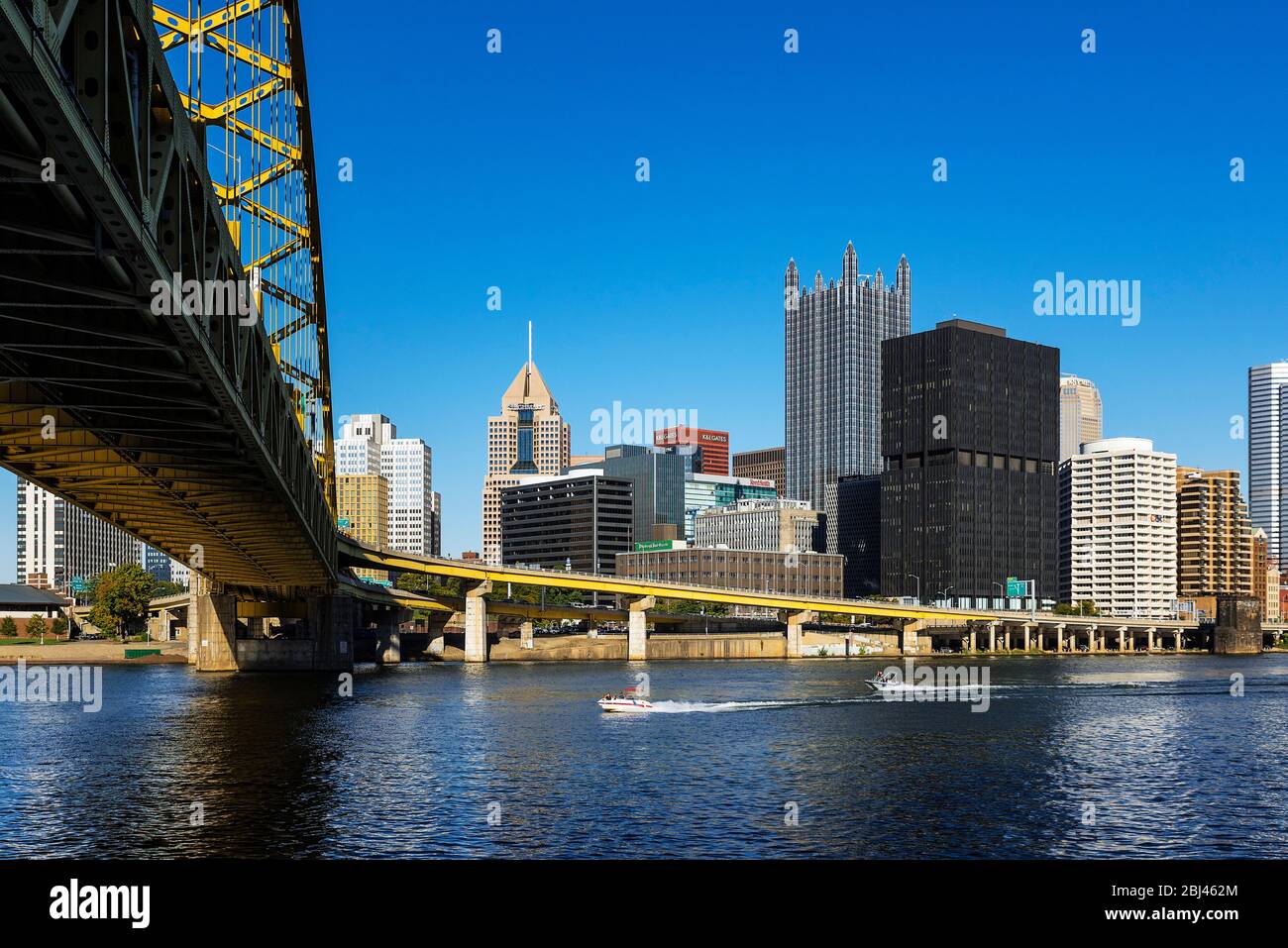 City skyline and Fort Pitt Bridge in Pittsburgh. Stock Photo