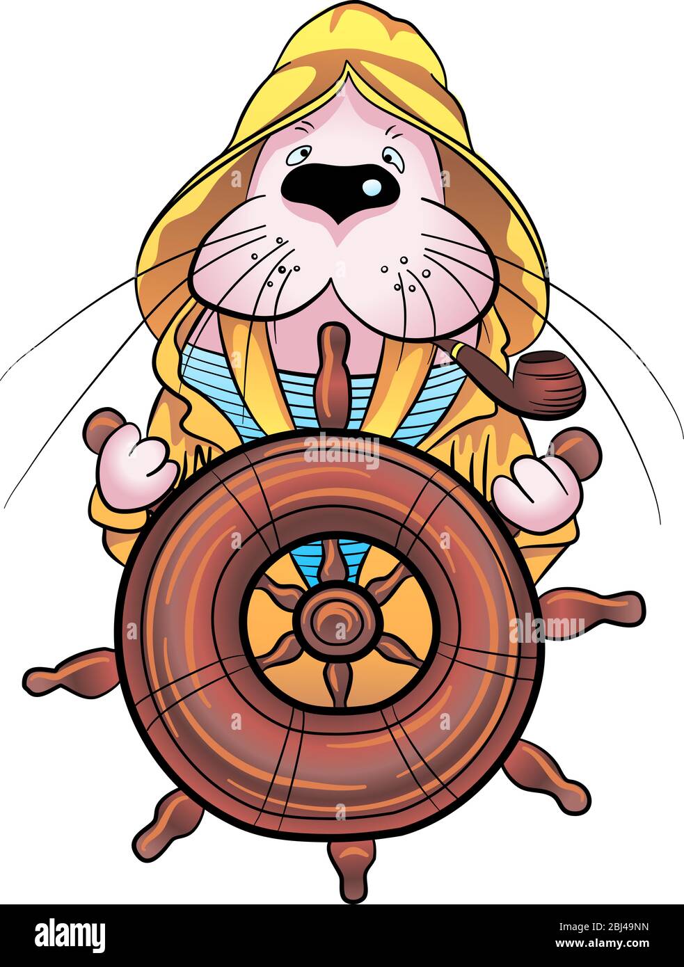 Cute walrus captain in sailor suit at the helm of the ship, cartoon