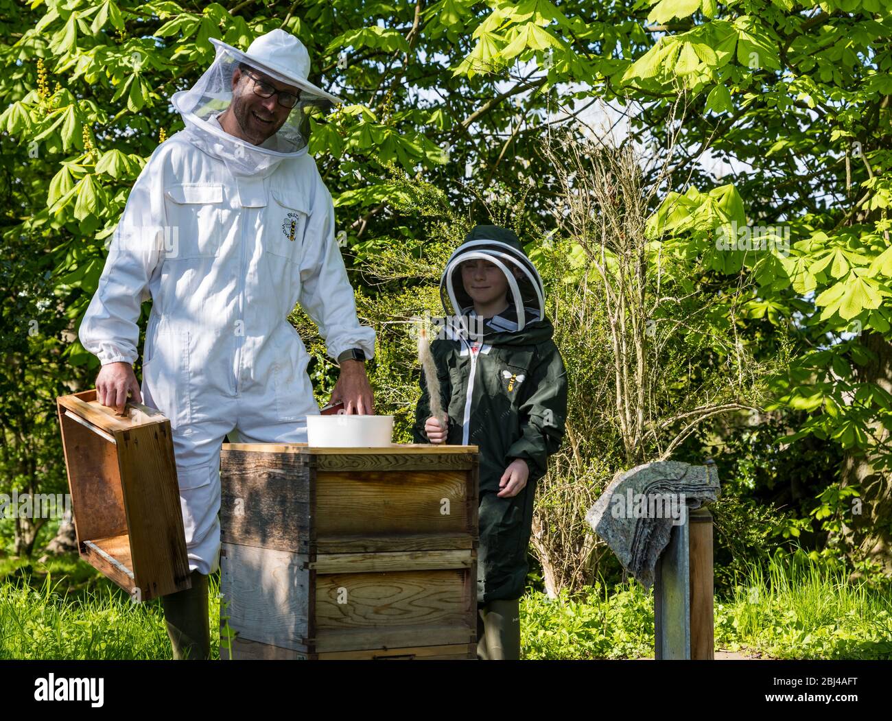 Camptoun, East Lothian, Scotland, United Kingdom. 28th Apr, 2020. A community in lockdown: residents in a small rural community show what life in lockdown is like for them. Pictured: Shane and his son Charlie, aged 9 years, are in their second year of keeping honey bees and hope to produce jars of honey this year. The hive contains around 20,000 bees Stock Photo