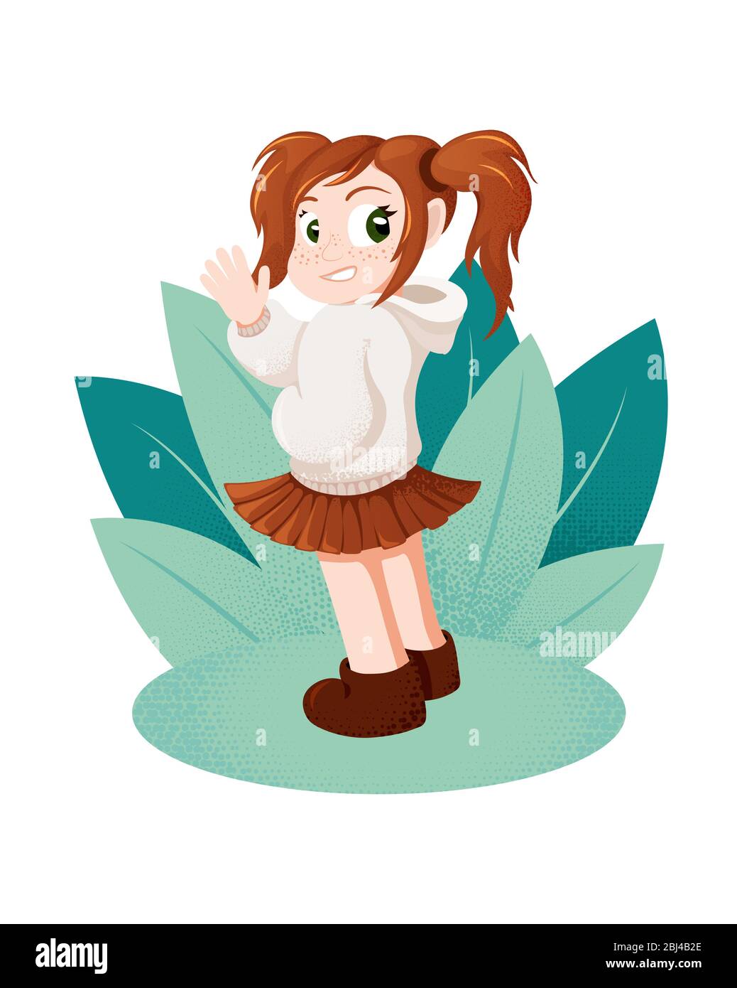 Vector colorful illustration with lovely cartoon character ginger girl