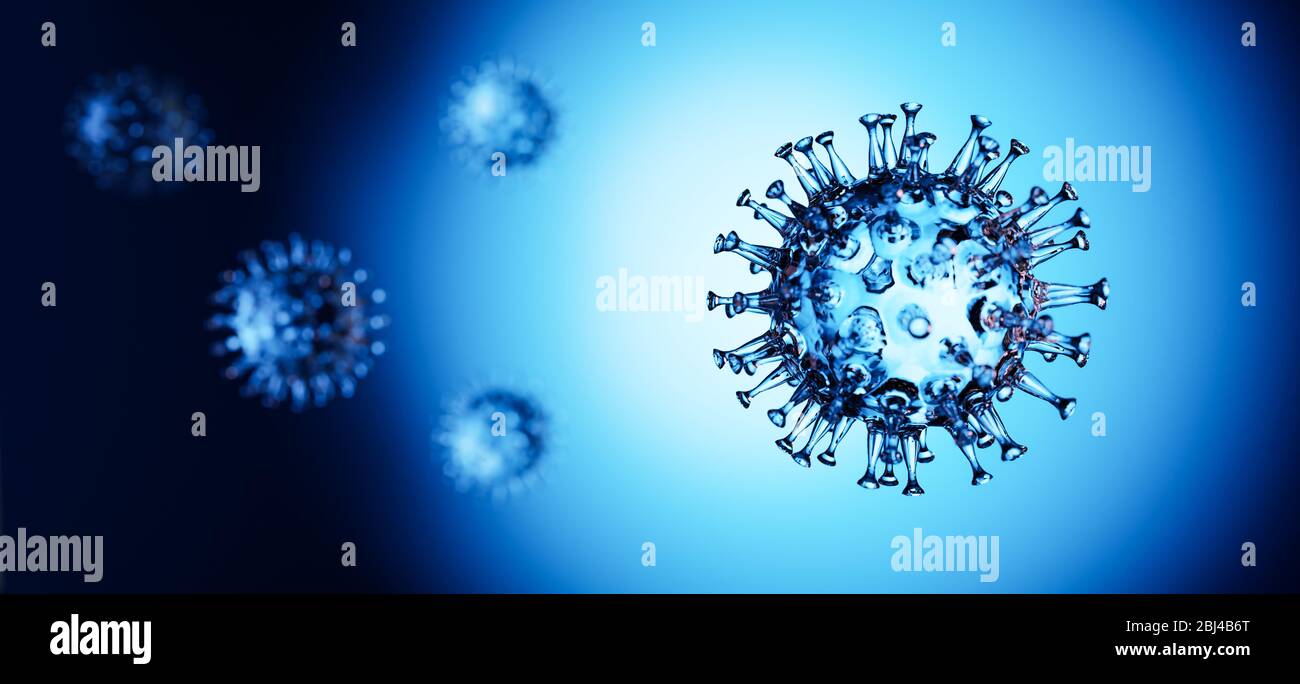 3D render: Corona viruses - Schematic image of viruses of the Corona family in transparent on blue background. Selective focus on foreground. Extra wi Stock Photo