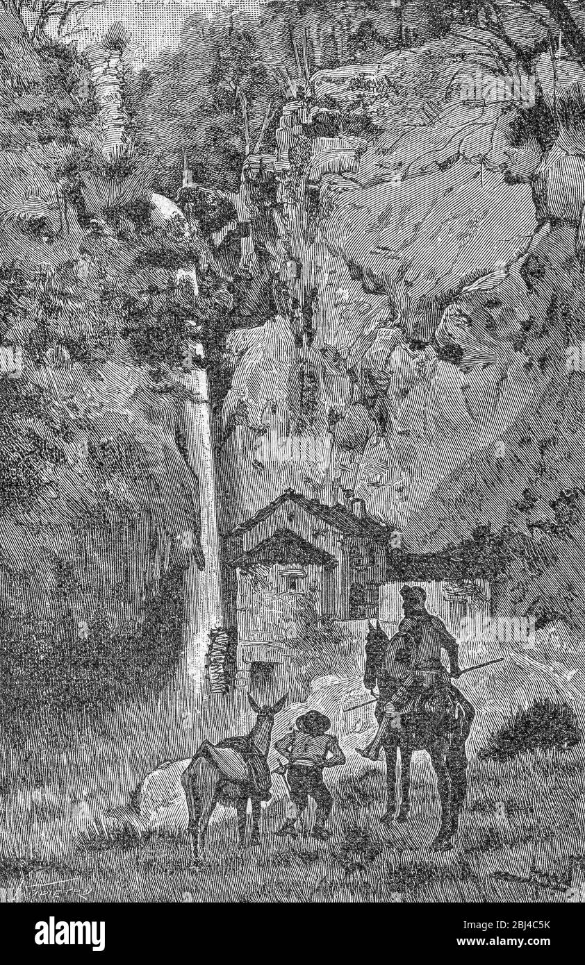 Hammers of a fulling mill adventure. Don Quixote novel scene. Illustration from S. Calleja Edition published in 1916 Stock Photo