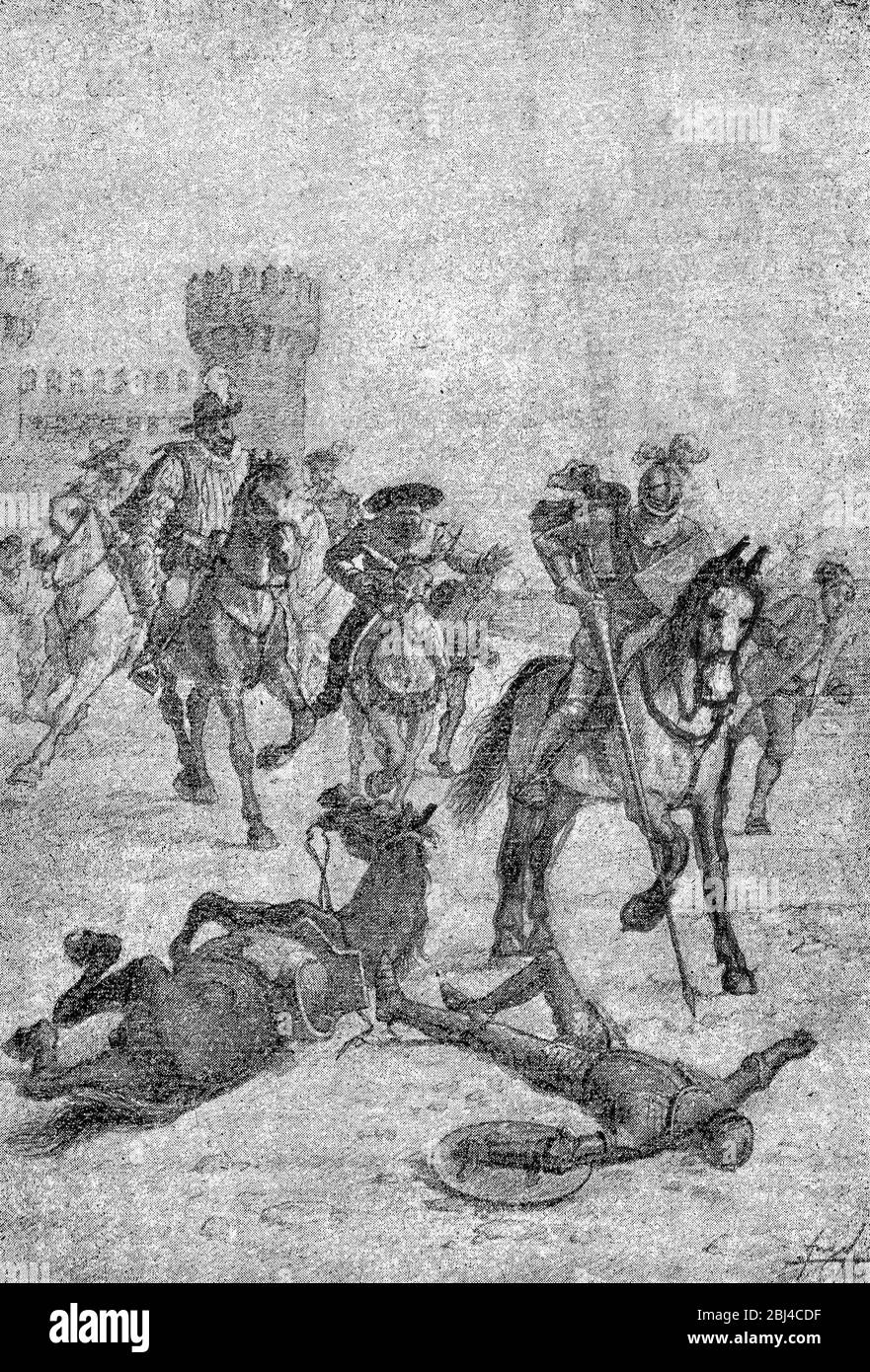 Don Quixote novel scene. Illustration from S. Calleja Edition published in 1916. Don Quixote defeat at Barcelona beach Stock Photo