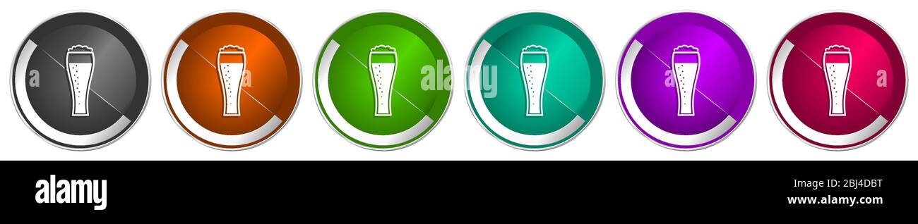 Beer in glass icon set, lager, drink silver metallic chrome border ...