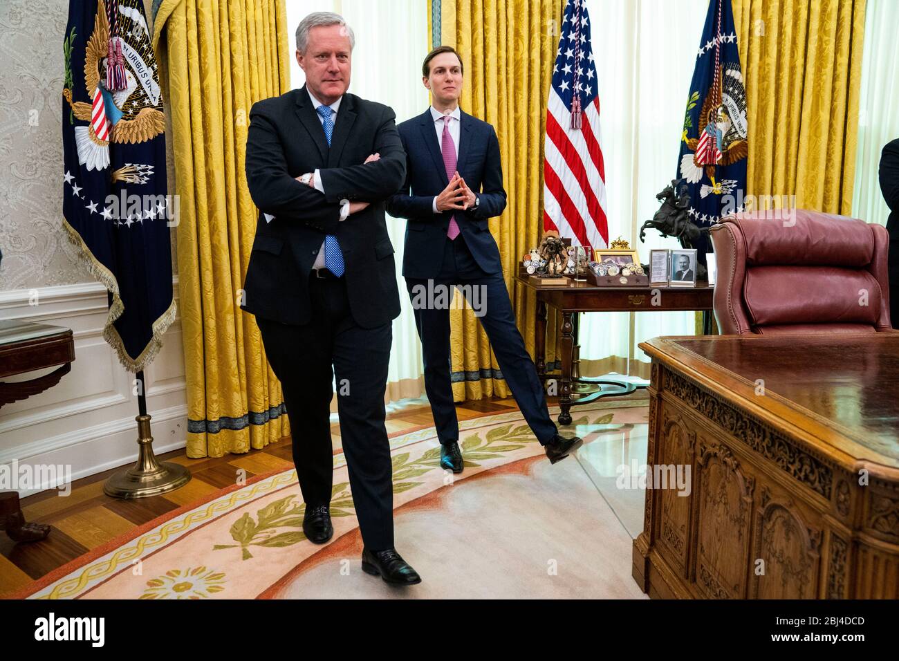 Mark Meadows, Assistant to the President and Chief of Staff, left, stands with Jared Kushner, Assistant to the President and Senior Advisor, right, as United States President Donald J. Trump makes remarks as he meets with Governor Ron DeSantis (Republican of Florida) and Dr. Deborah L. Birx, White House Coronavirus Response Coordinator, White House coronavirus response coordinator, in the Oval Office of the White House in Washington, DC, Tuesday, April 28, 2020. Credit: Doug Mills/Pool via CNP /MediaPunch Stock Photo