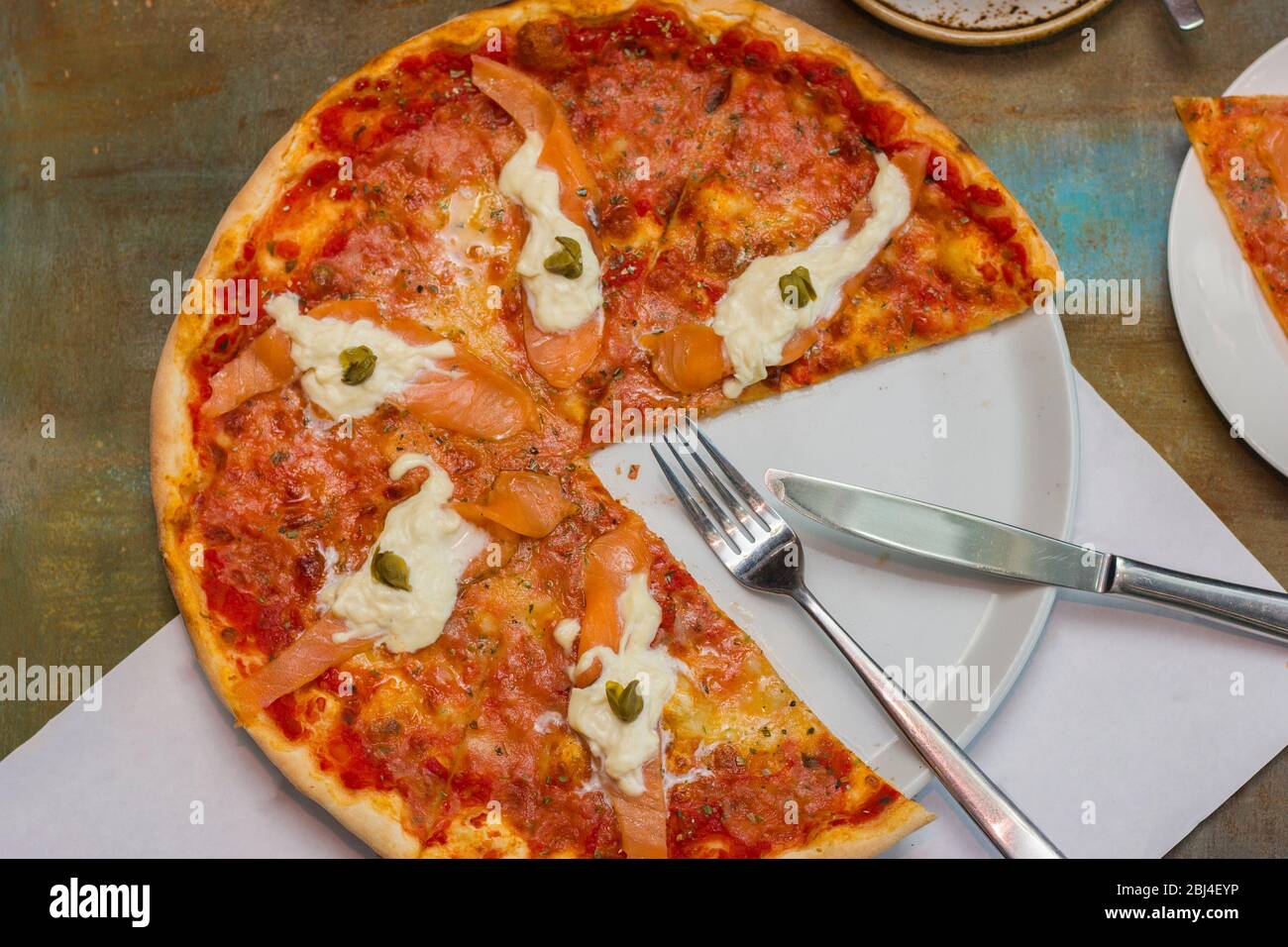 Pizza with red fish and cheese Stock Photo