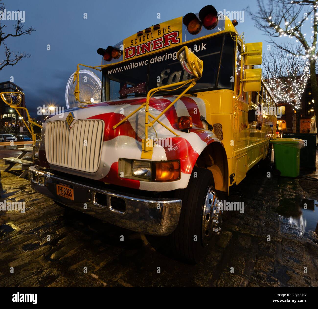 Liverpool, UK Mar 16, 2019 An American style yellow school bus is used as a diner restaurant