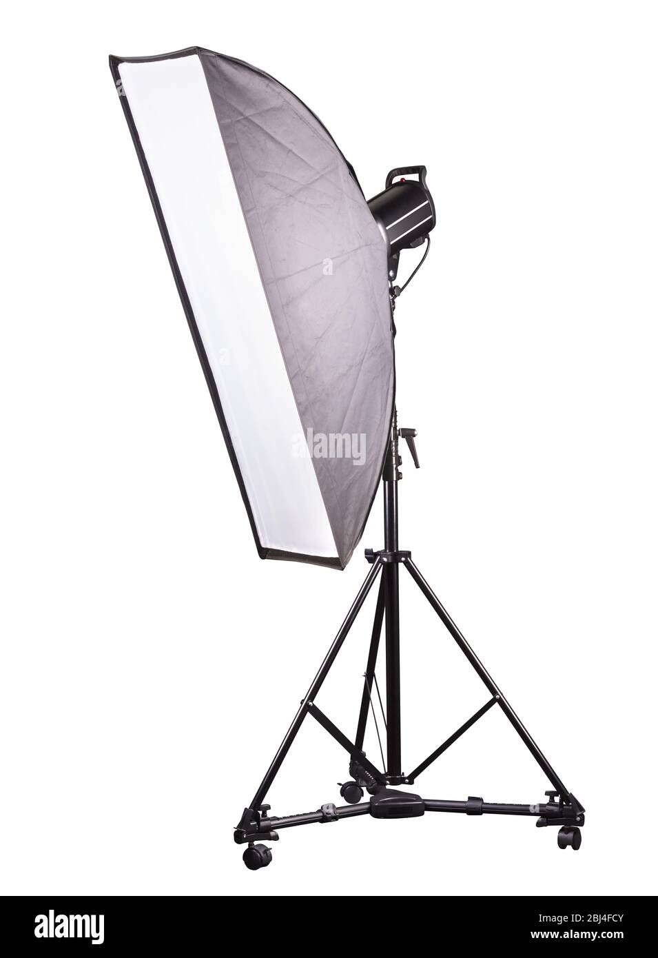 Photo studio lighting stands with flash and softbox isolated on the