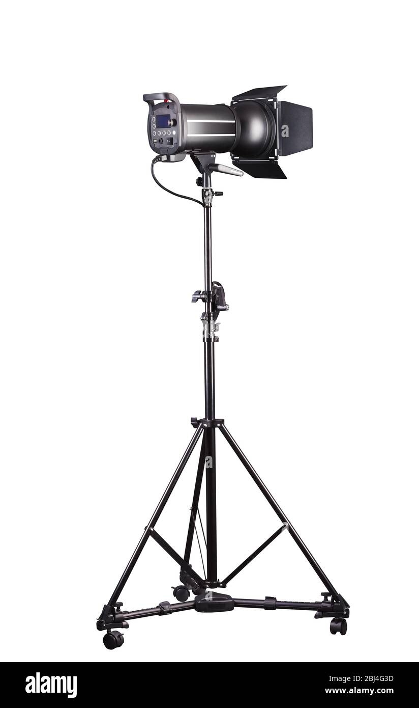 Photography studio flash on a lighting stand isolated on white background Stock Photo Alamy