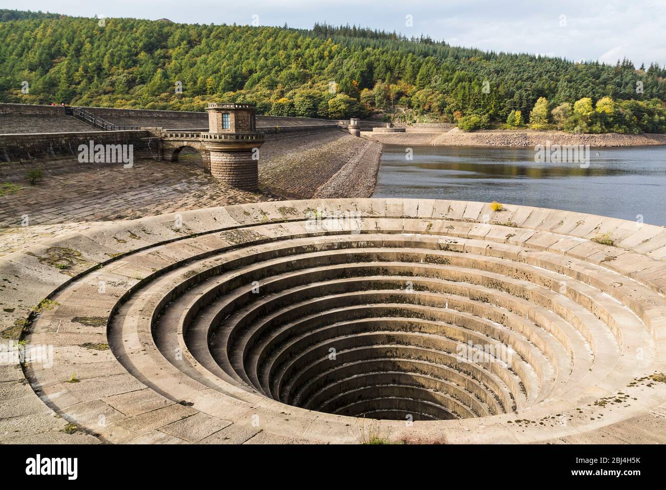 Ladybower Dam at the South side of the Ladybower Reservoir. Stock Photo