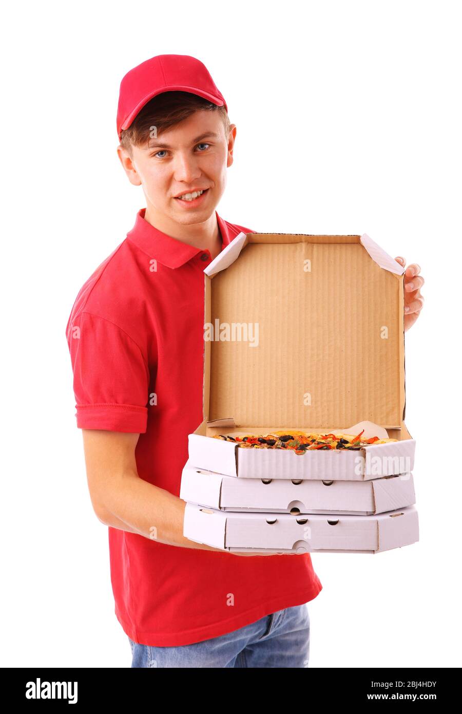 Delivery boy with cardboard pizza boxes isolated on white Stock Photo Alamy