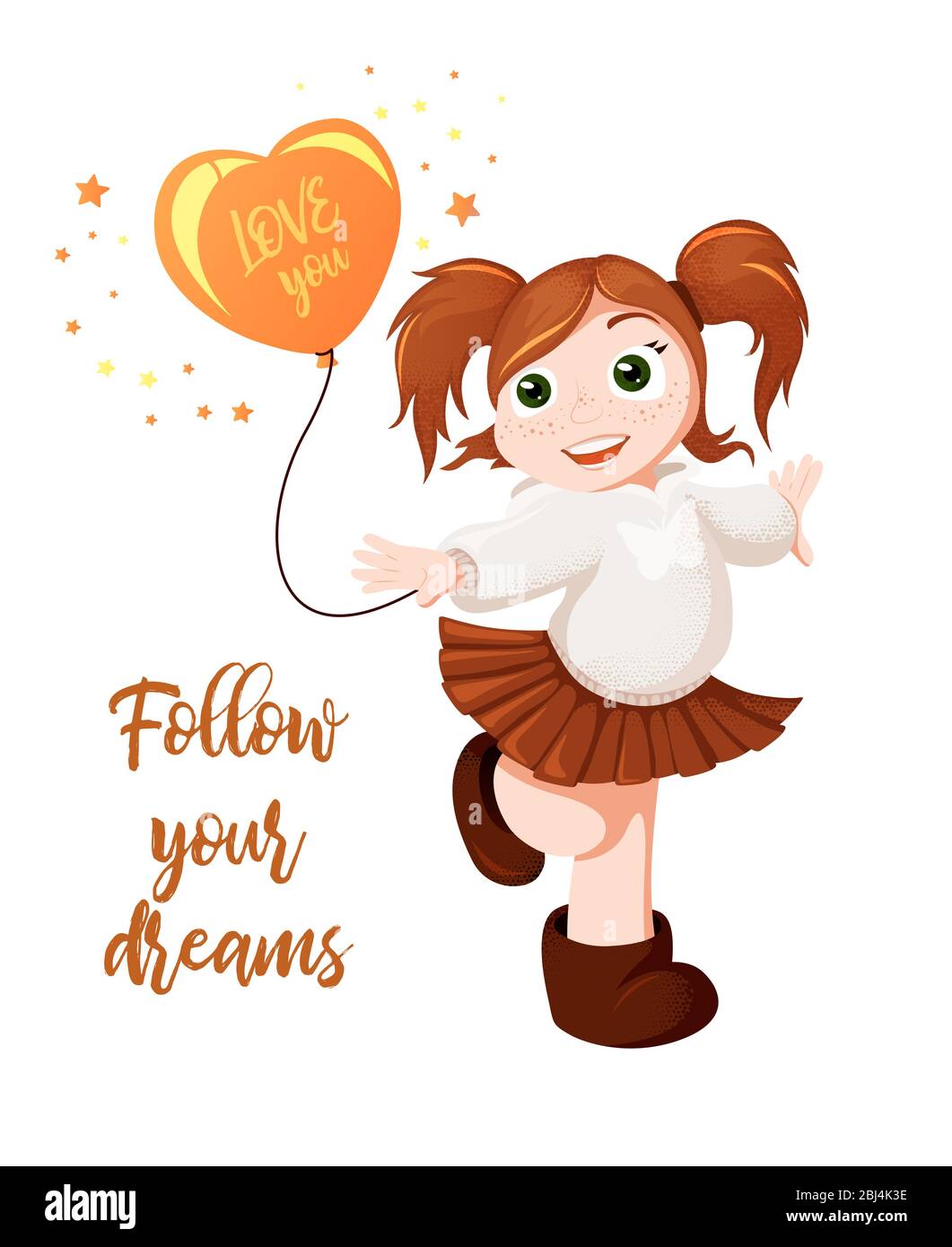 Vector colorful illustration with lovely cartoon character ginger girl