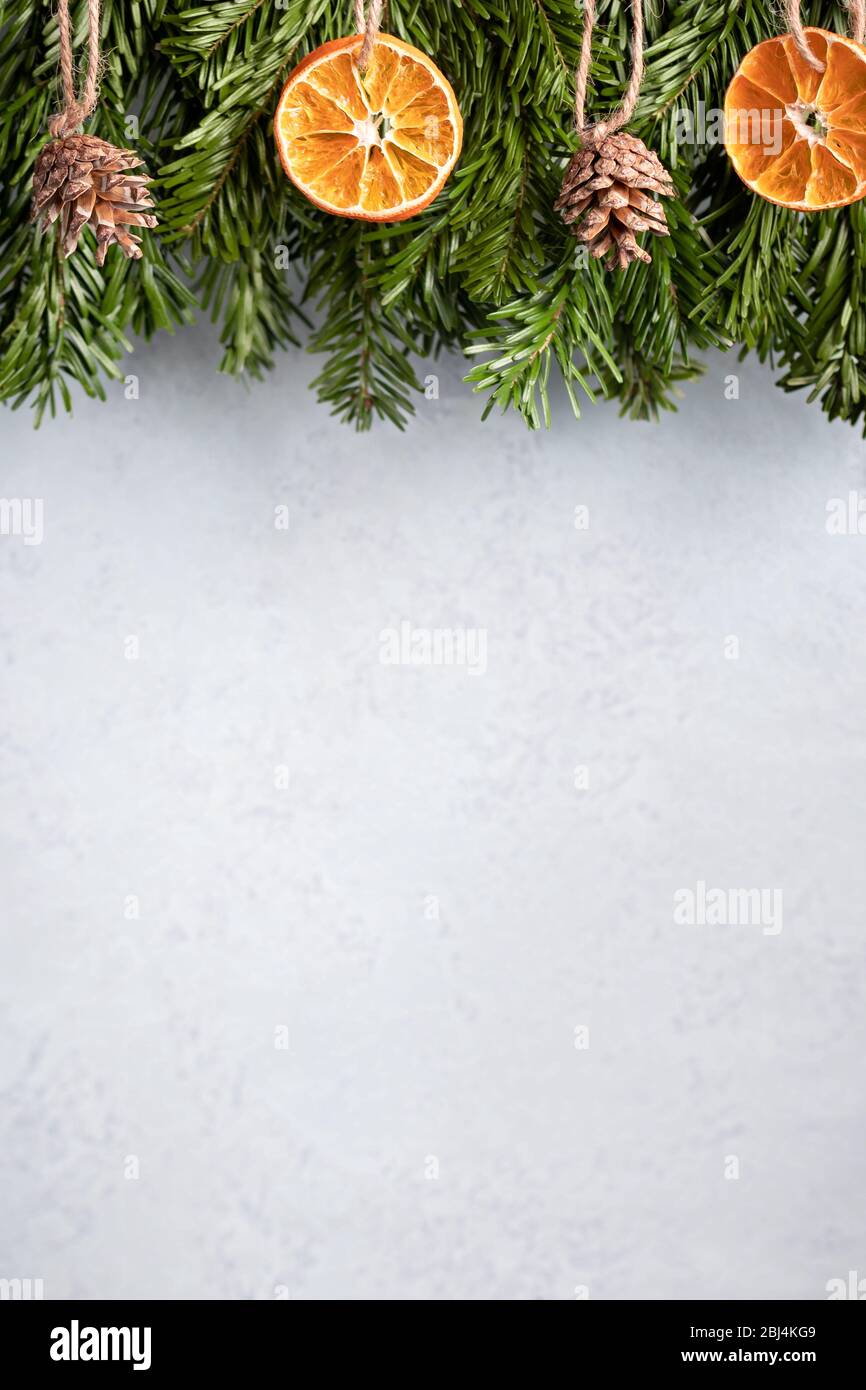 Zero waste and eco friendly christmas concept. Christmas tree branches with natural decorations on a gray wall. Vertical banner with copy space. Stock Photo