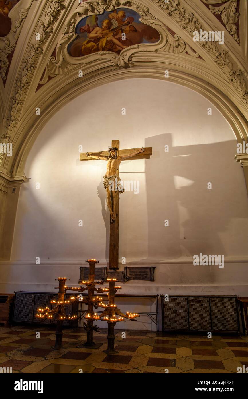 St. Stephen's Cathedral interior- Votive candles, prayer candles, Passau, Bavaria, Germany Stock Photo