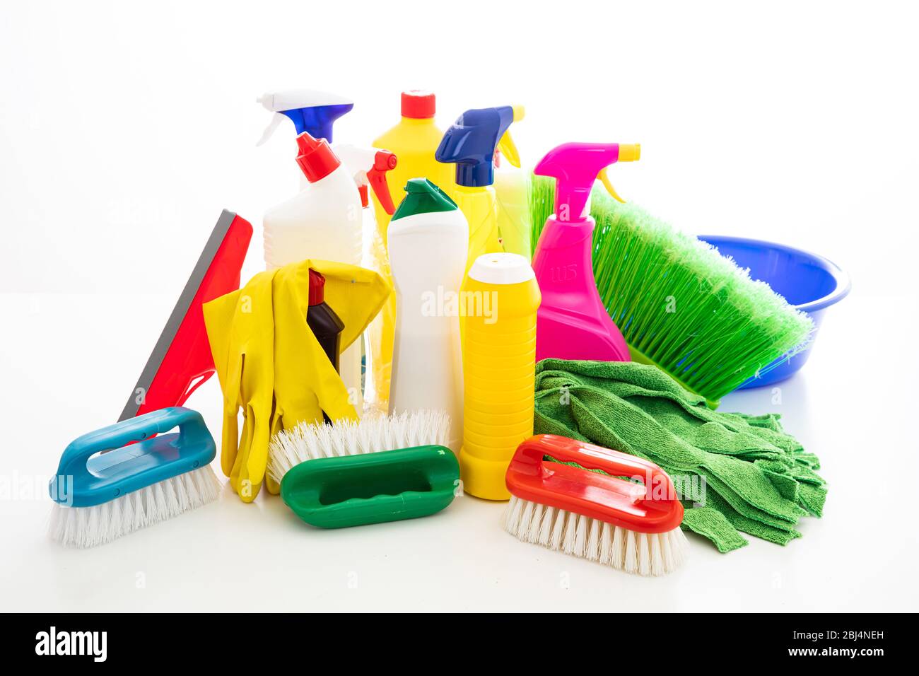 Cleaning products isolated against white background. Plastic chemical