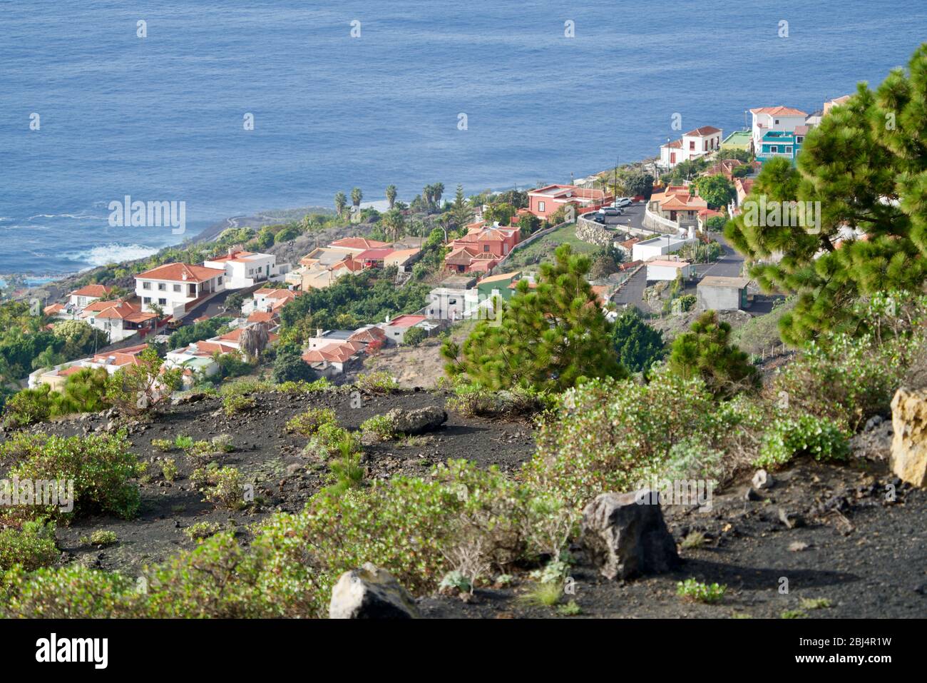 homes on lava at La Palma Stock Photo