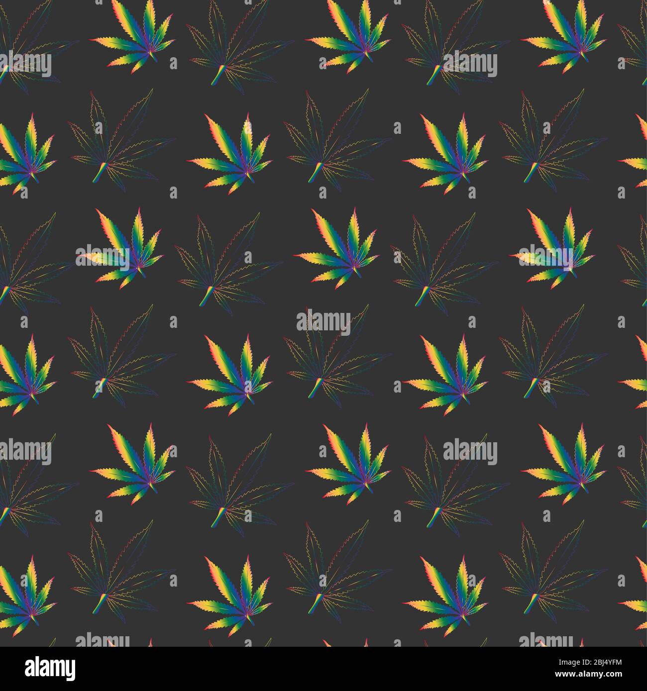 seamless pattern of hemp leaves and hemp leaf contours painted in rainbow colors on a dark gray background. LGBT Symbols Stock Vector