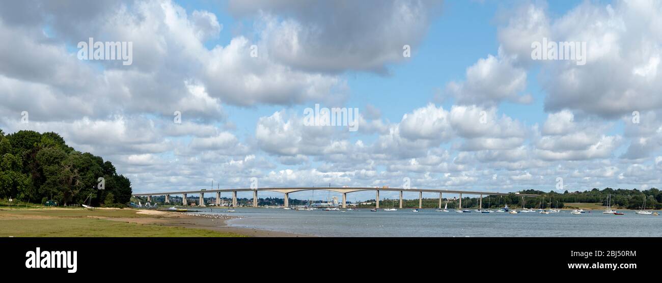 A panoramic image of the Orwell bridge taken from the south river bank. Stock Photo