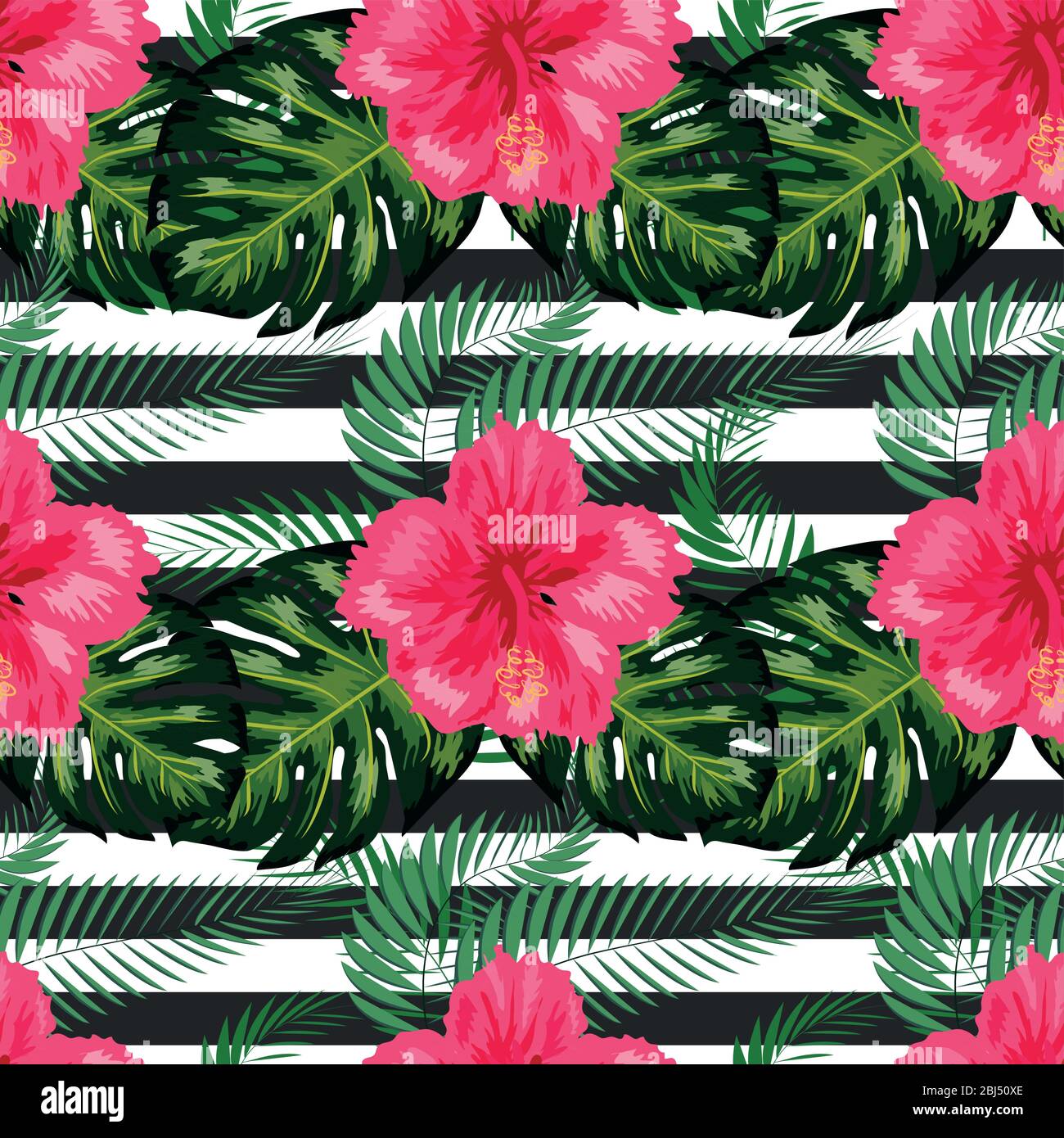 tropical illustration monstera plants leaves flowers hibiscus seamless ...