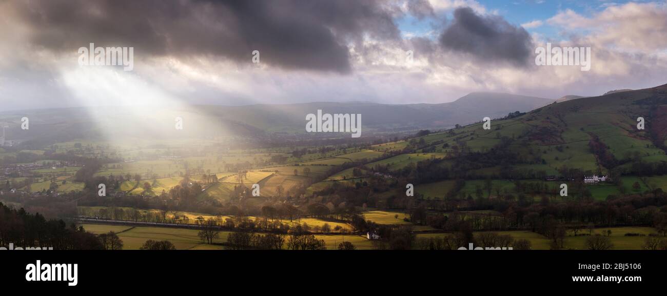 Rays of sunlight shining down onto the Hope valley. Stock Photo