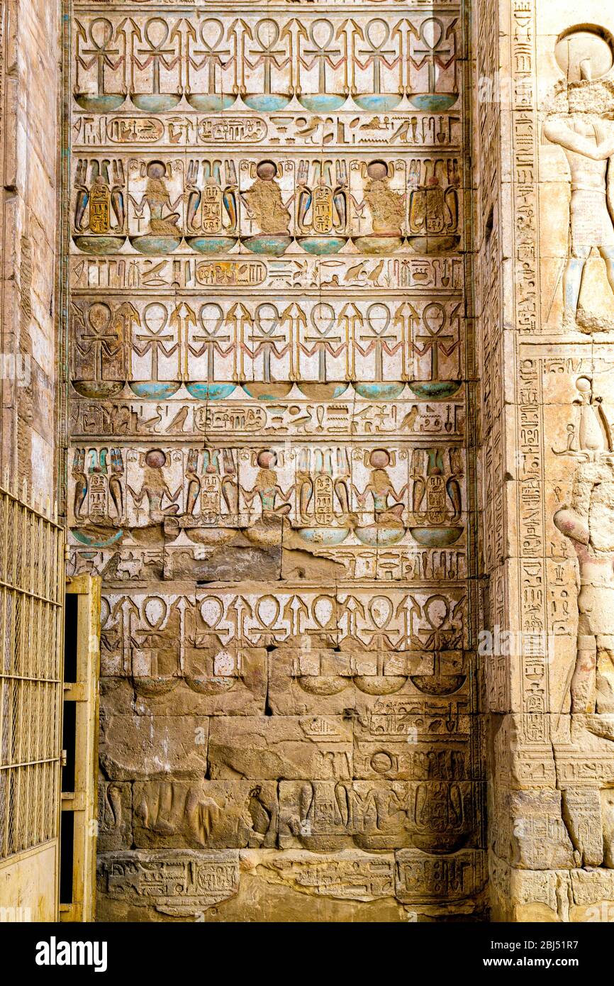 Hieroglyphics on the inside of the Gateway of Ptolemy III Euergetes, entrance to the Temple of Khonsu in the Karnak Temple Complex Stock Photo