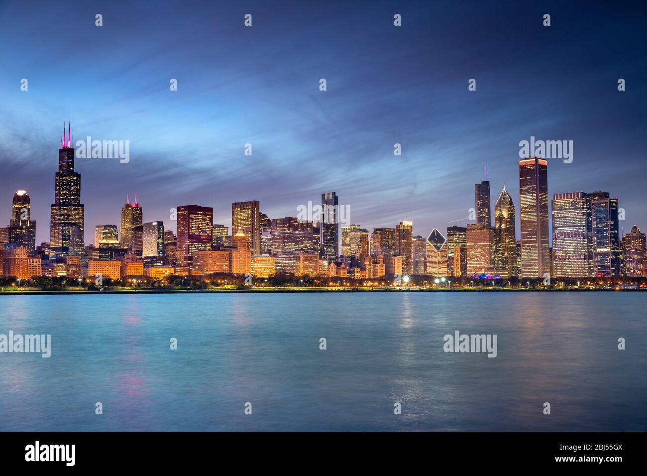Chicago cityscape looking out from the Adler Planetarium across Lake Michigan in Illinois USA Stock Photo