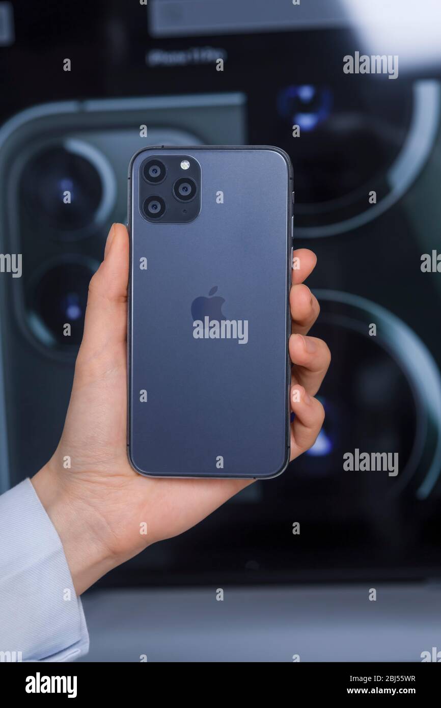 Galati, Romania, March 18, 2020: New iPhone 11 Pro. iPhone 11 Pro is a smartphone developed by Apple Inc. Hand holding space gray smartphone back view Stock Photo