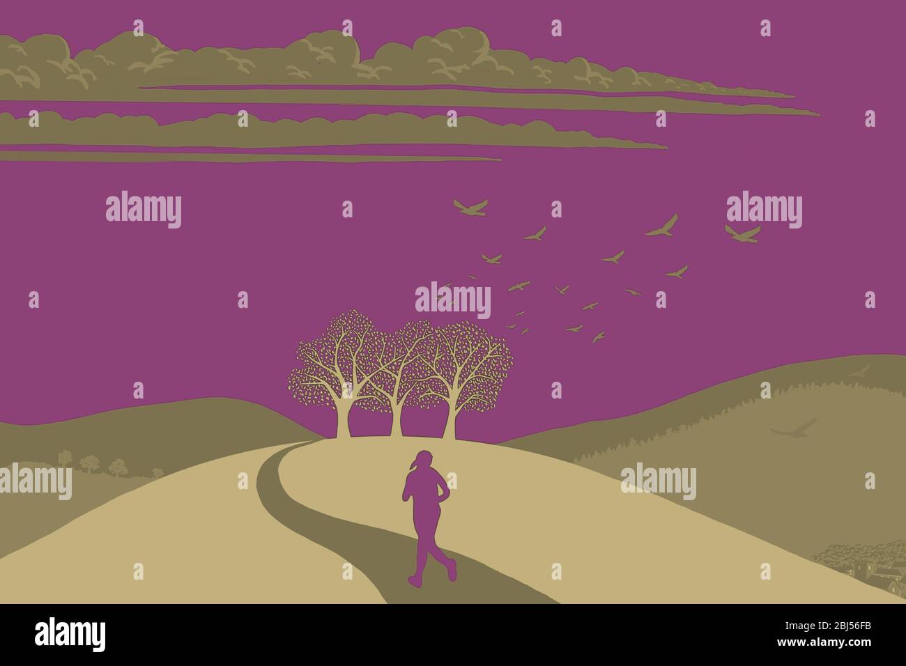 An illustration of a woman running in the British countryside, Britain, UK Stock Photo