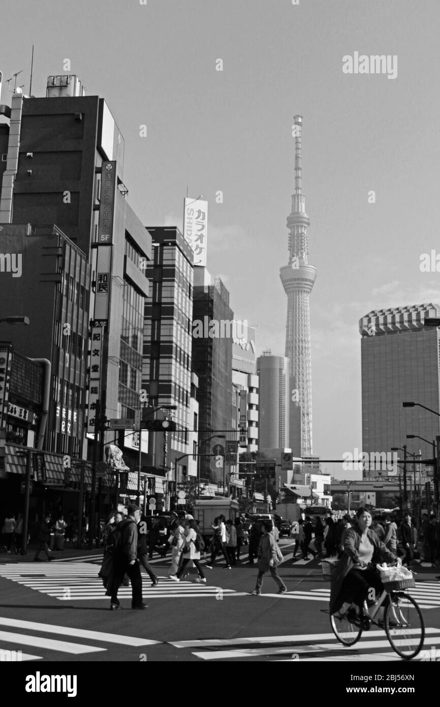 Scenery of the intersection in front of Asakusa Sensoji Temple where you can see the Tokyo Sky Tree Stock Photo