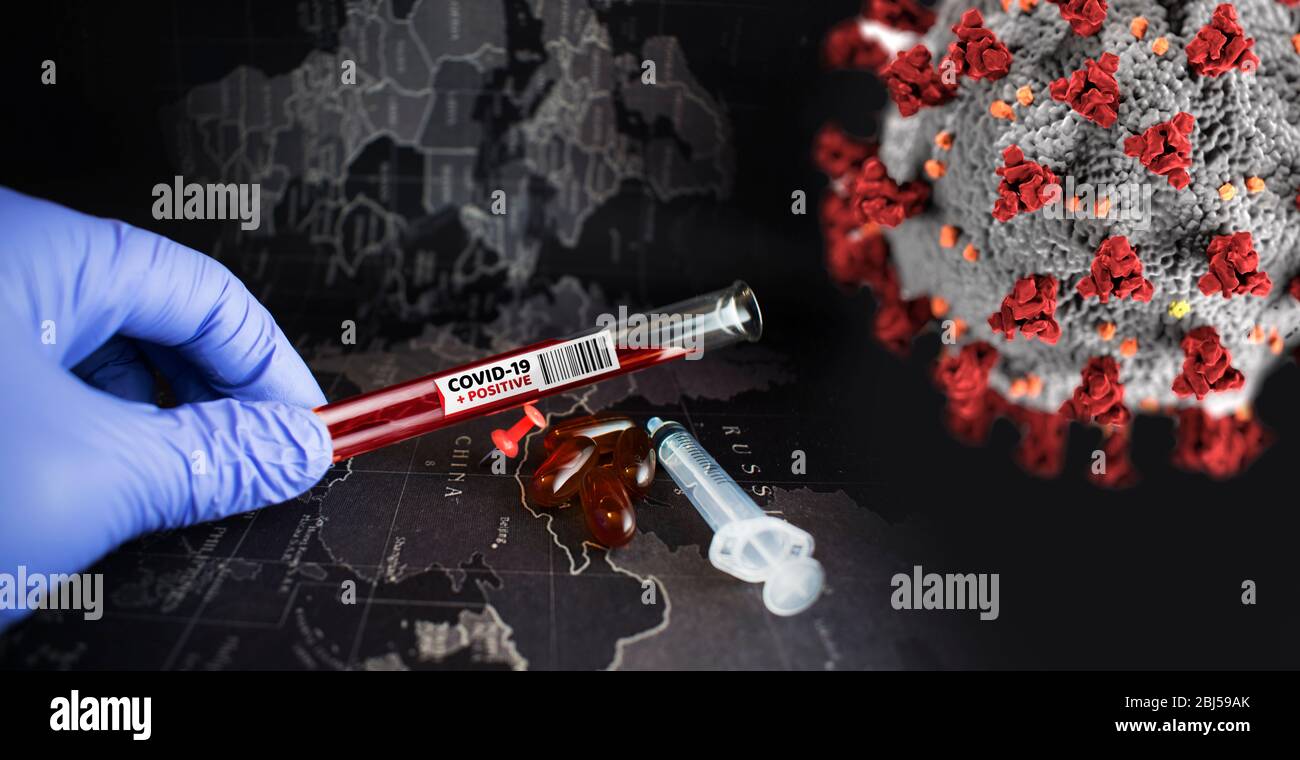 Doctor hand with gloves holding test tube with Coronavirus or COVID-19. Against dark world map. Virus cell under microscope. Public CDC domain. Stock Photo