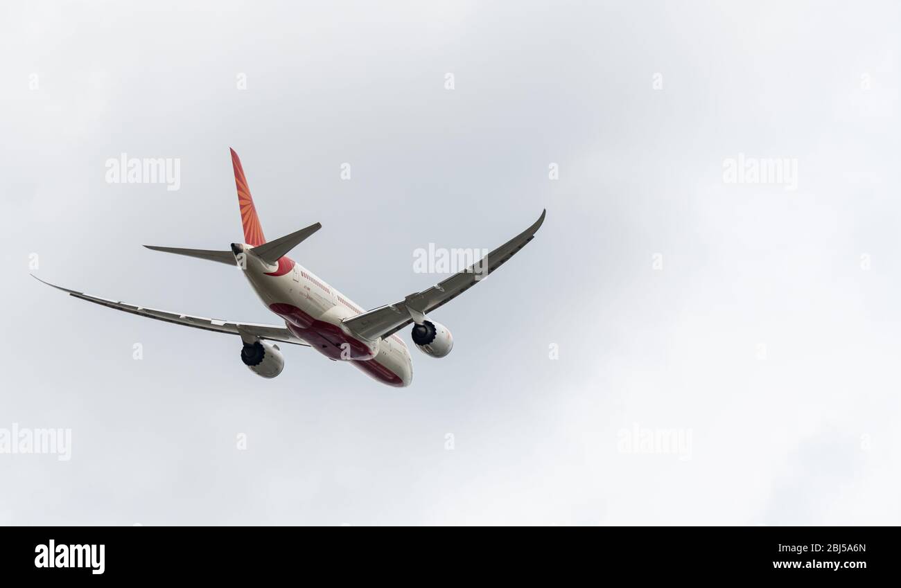 Heathrow, United Kingdom - August 03 2019:  Air India Boeing 787-8 Dreamliner registration VT-ANK, flight number AI172 departs Heathrow airport en rou Stock Photo