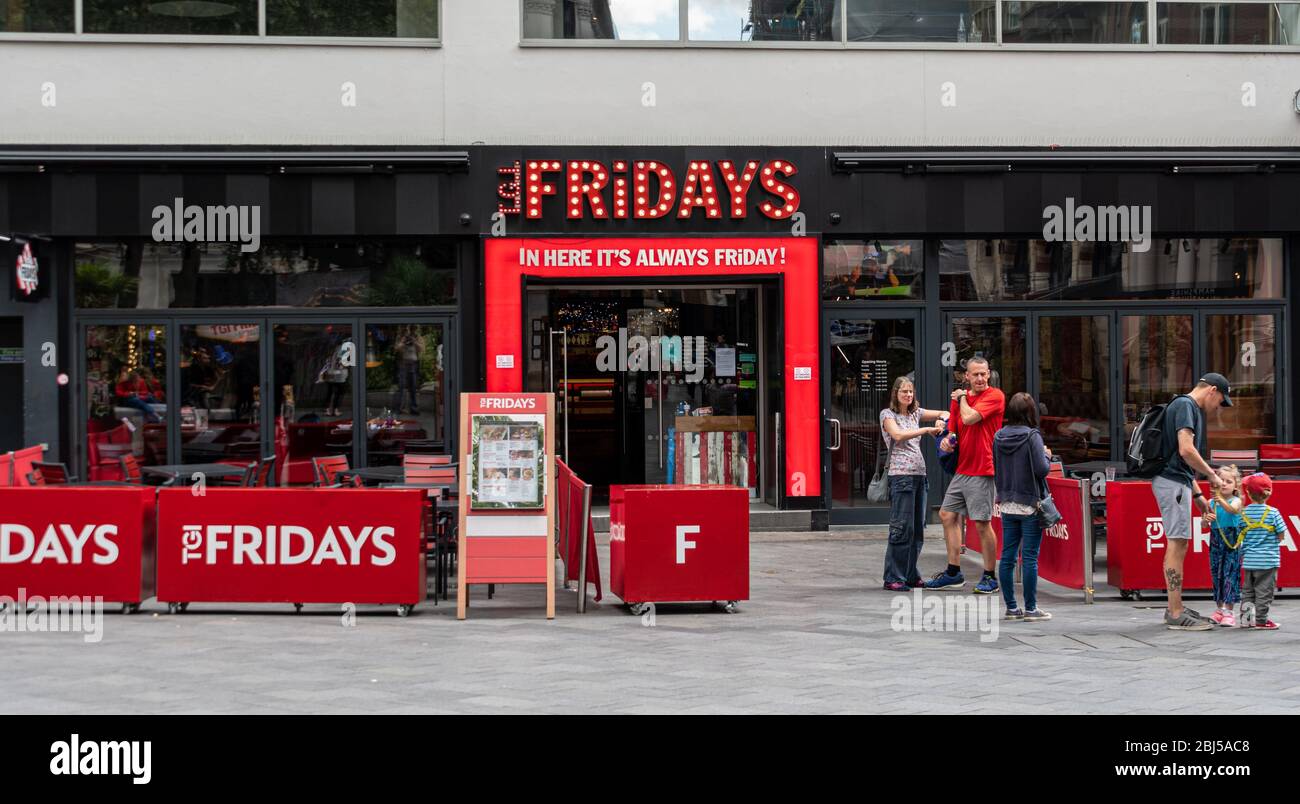 London, United Kingdom - August 18 2019:  The fronatge of TGI Fridays restaurant in Leicester Square Stock Photo