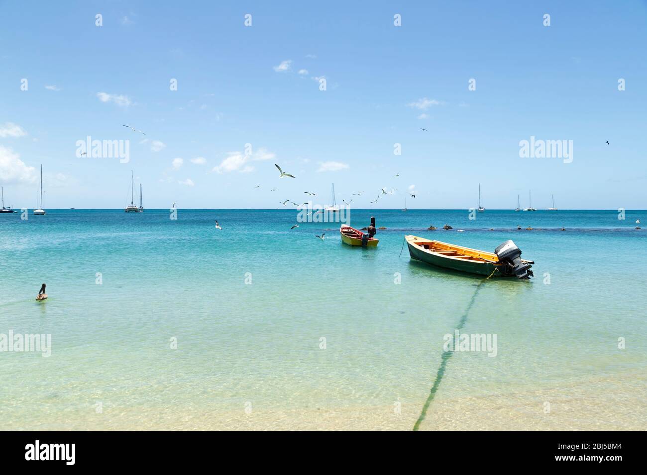 Typical day at the sea in a fishing village. In the distance a fisherman mends his nets, sea gulls hover overhead and a pelican to the left Stock Photo
