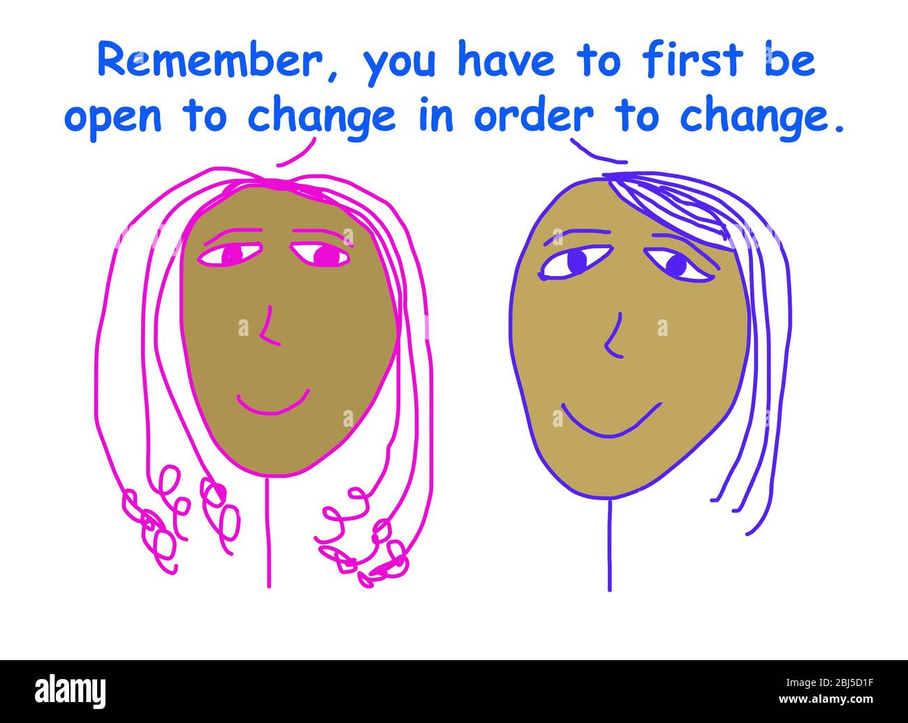Color cartoon showing two smiling African-American women stating that you have to first be open to change in order to truly change. Stock Photo