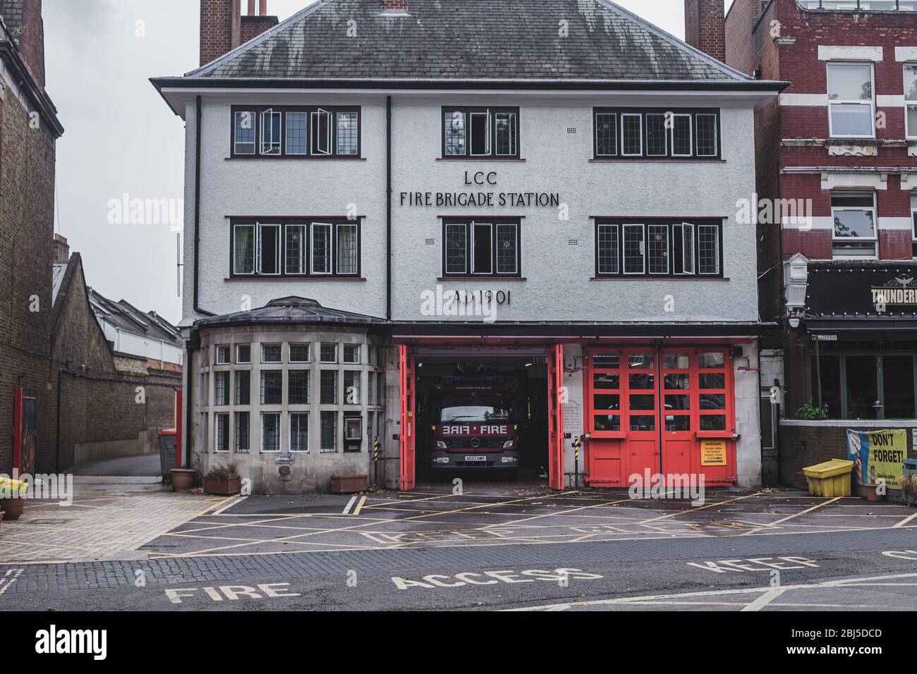 London/UK-30/07/18: West Hampstead Fire Brigade Station on West End Lane. Fire Station is a structure for storing firefighting equipment like fire eng Stock Photo