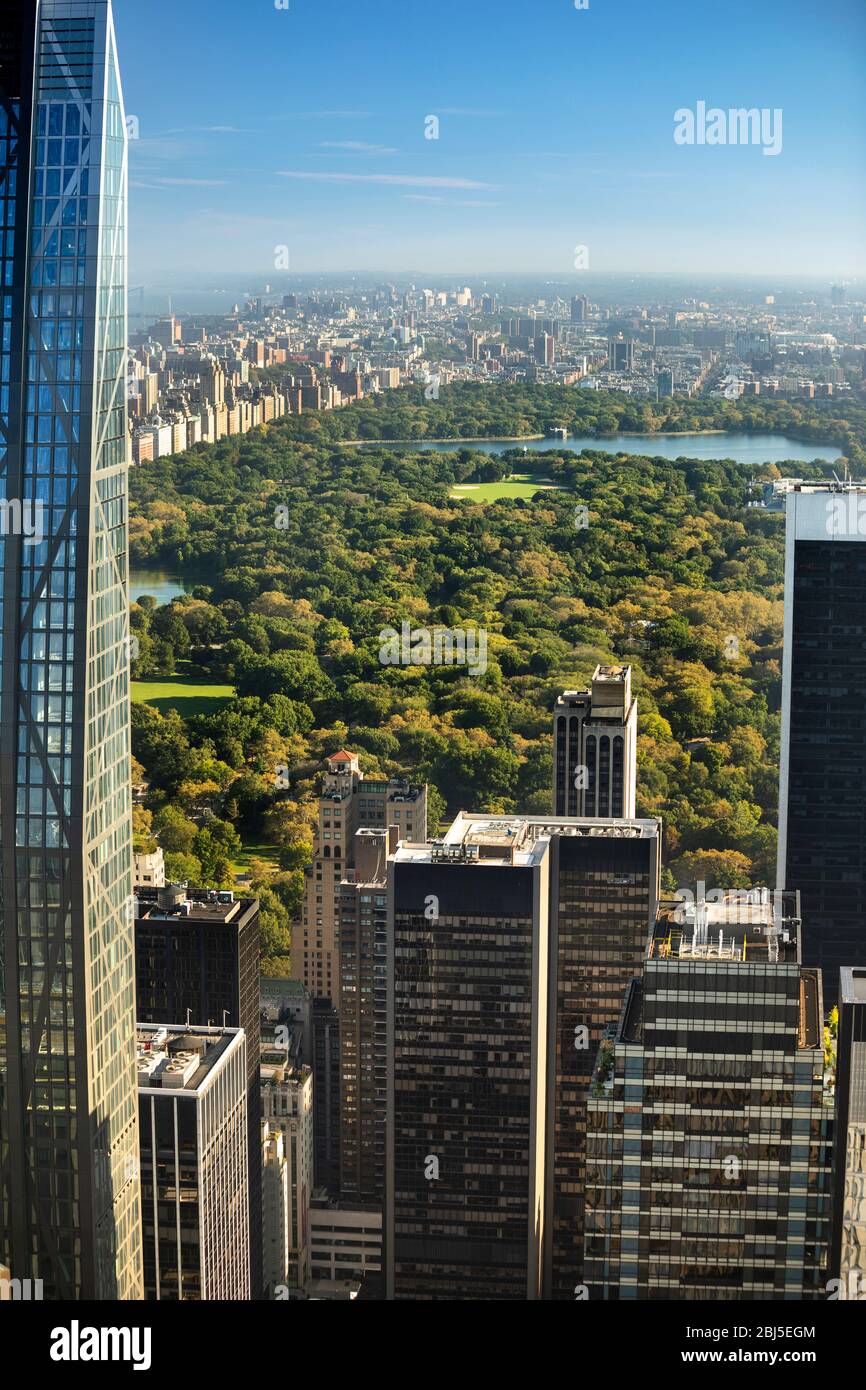 Aerial view of the buildings and skyscrapers over Central Park and the Manhattan skyline in New York City USA Stock Photo