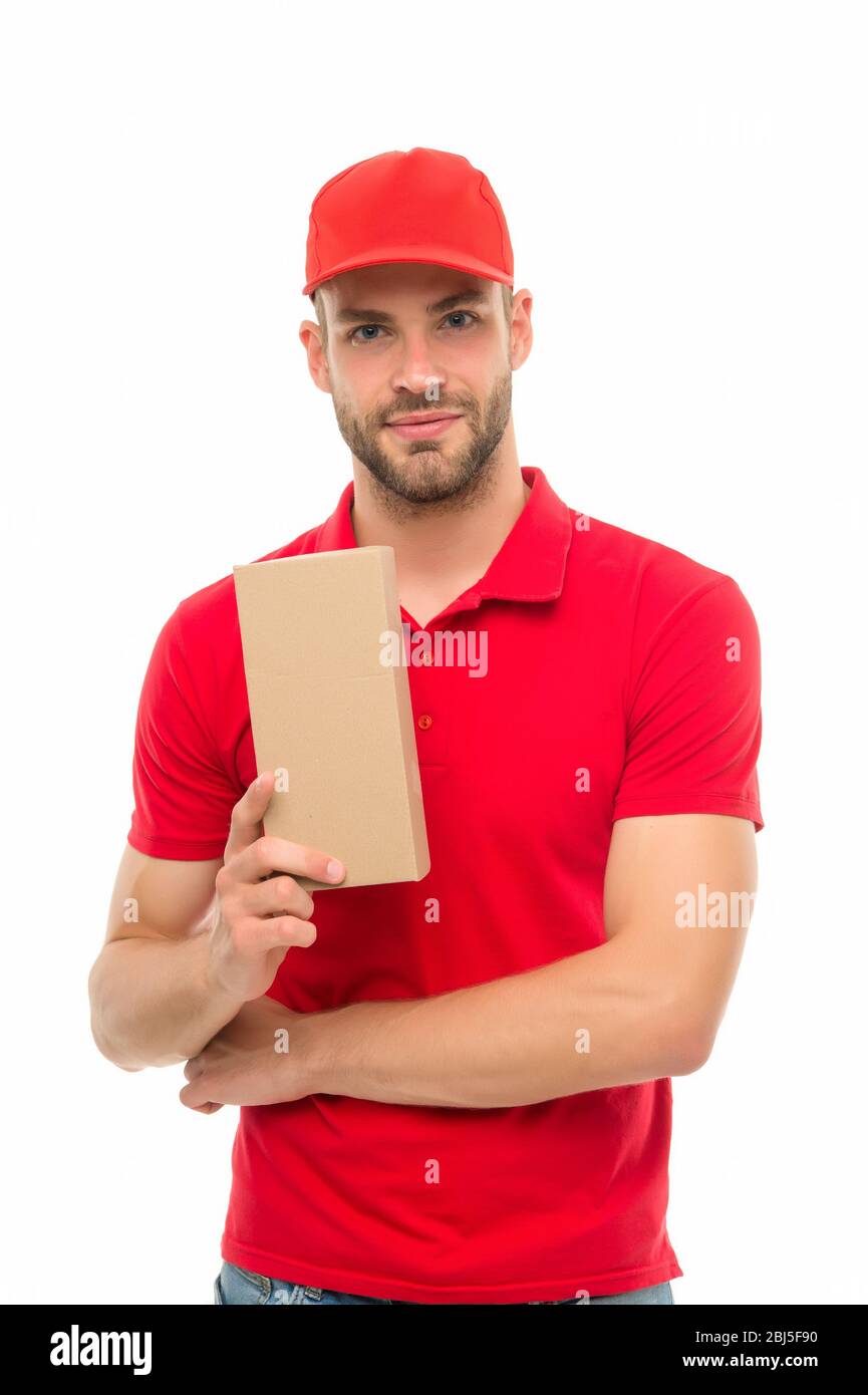 For delivery. Package boy in uniform isolated on white. Delivery man