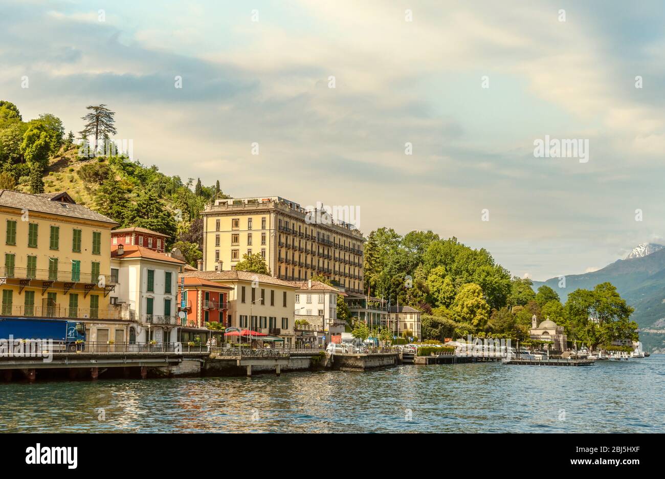 Waterfront of Tremezzo at Lake Como seen from the lakeside, Lombardy, Italy Stock Photo