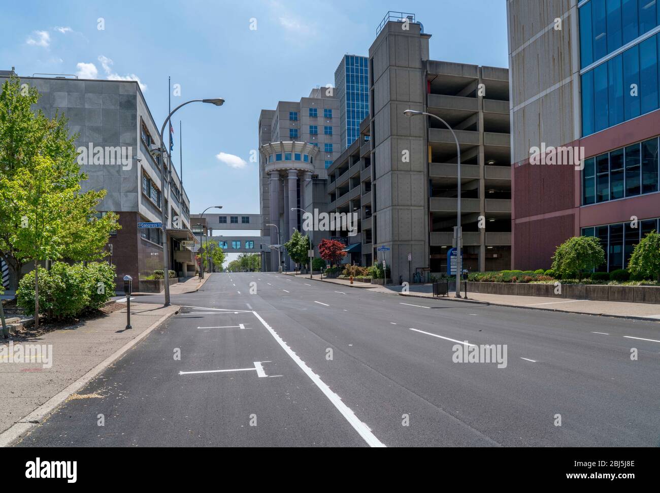 Courthouse and Jail street view during the Novel Virus COVID-19 and Kentucky Governor Andy Beshear's lockdown order empties downtown pictured on April 17, 2020 in Louisville, Kentucky. Stock Photo