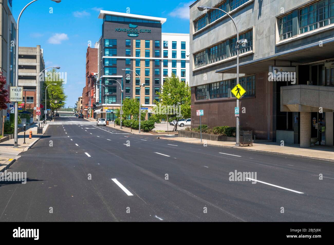 Street view during the Novel Virus COVID-19 and Kentucky Governor Andy Beshear's lockdown order empties downtown pictured on April 17, 2020 in Louisville, Kentucky. Stock Photo